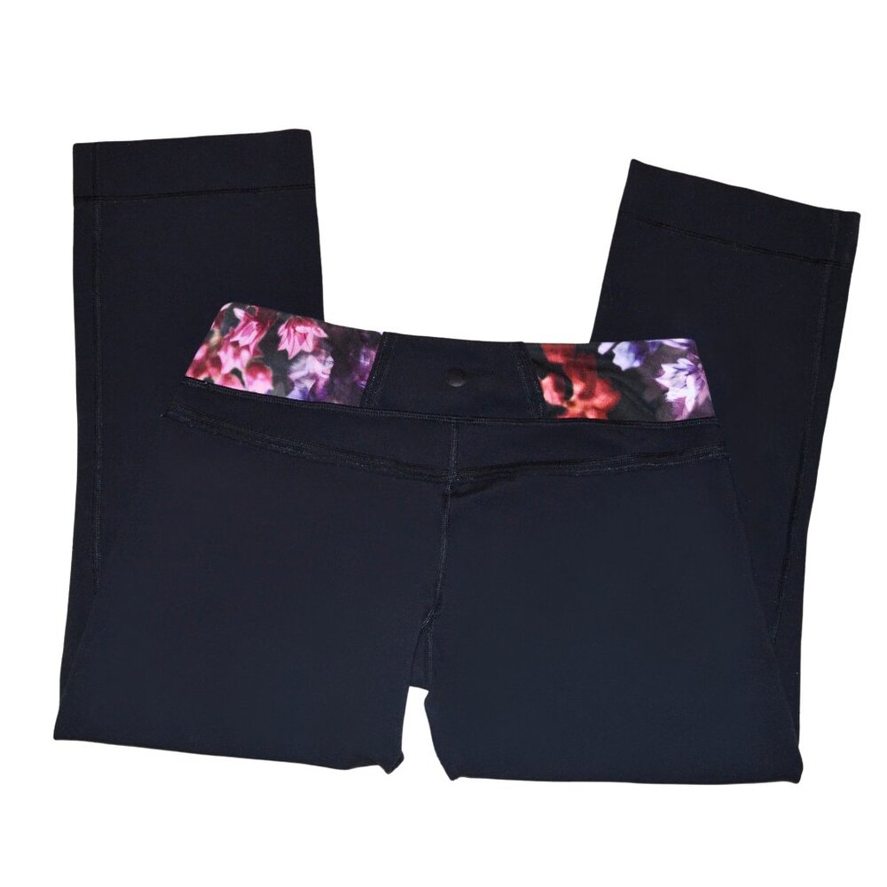 LULULEMON Power Up Crop Pants in Black/Spring Has Sprung Floral Waistband Rare